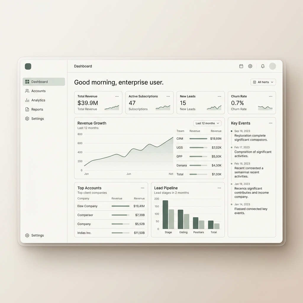 Welle Digital Dashboard AI — a warm minimalist enterprise dashboard with sage green accents and clean data visualisation widgets