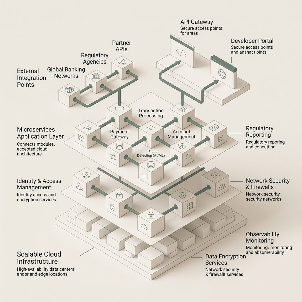 Welle Digital Scalable Architecture — isometric diagram of a secure, scalable enterprise cloud infrastructure with sage green connectors